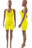 Yellow Casual Sportswear Solid Patchwork U Neck Regular Rompers