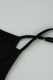 Zwarte sexy casual plus size print backless spaghetti band lange jurk