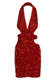 赤いファッションセクシーなパッチワークくり抜かれたスパンコール背中の開いたホルターノースリーブドレス