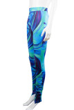 Blaue, sexy bedruckte Patchwork-Hose mit hoher Taille und Bleistift-Volldruck