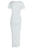 White Sexy Casual Solid Bandage Draw String Slit O Neck Short Sleeve Dress