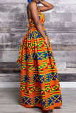 Gele vintage elegante print patchwork asymmetrische kraag A-lijn jurken
