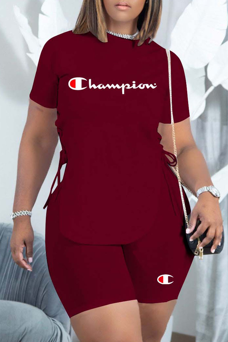 

Burgundy Fashion Street Print Split Joint O Neck Short Sleeve Two Pieces
