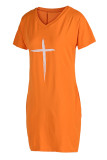Vestidos de vestido laranja moda casual estampa básica decote em v manga curta