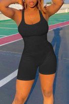 Schwarzer, lässiger Sportswear-Strampler mit einfarbigem Patchwork und U-Ausschnitt