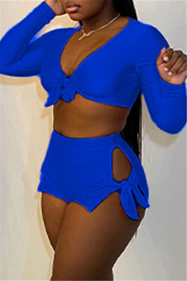 Blaue Mode Sexy Solid Bandage Ausgehöhlter V-Ausschnitt Langarm Zwei Stücke
