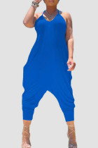 Blauwe casual effen patchwork jumpsuits met ronde hals