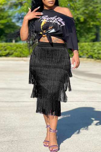 Black Casual Print Tassel Patchwork O Neck Short Sleeve Two Pieces