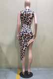Leopardenmuster, sexy Leoparden-Patchwork, O-Ausschnitt, unregelmäßiges Kleid