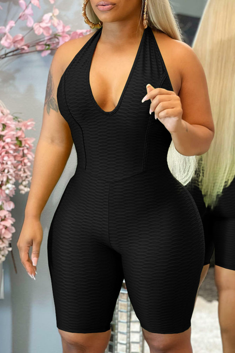 

Black Sexy Solid Split Joint Backless Halter Regular Jumpsuits