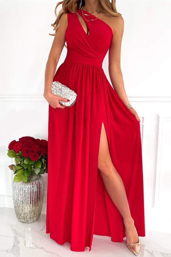 Röd Mode Casual Patchwork Print urholkad Slit Snedkrage Ärmlös klänning