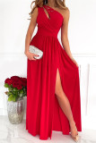 Rode mode casual patchwork print uitgeholde split schuine kraag mouwloze jurk