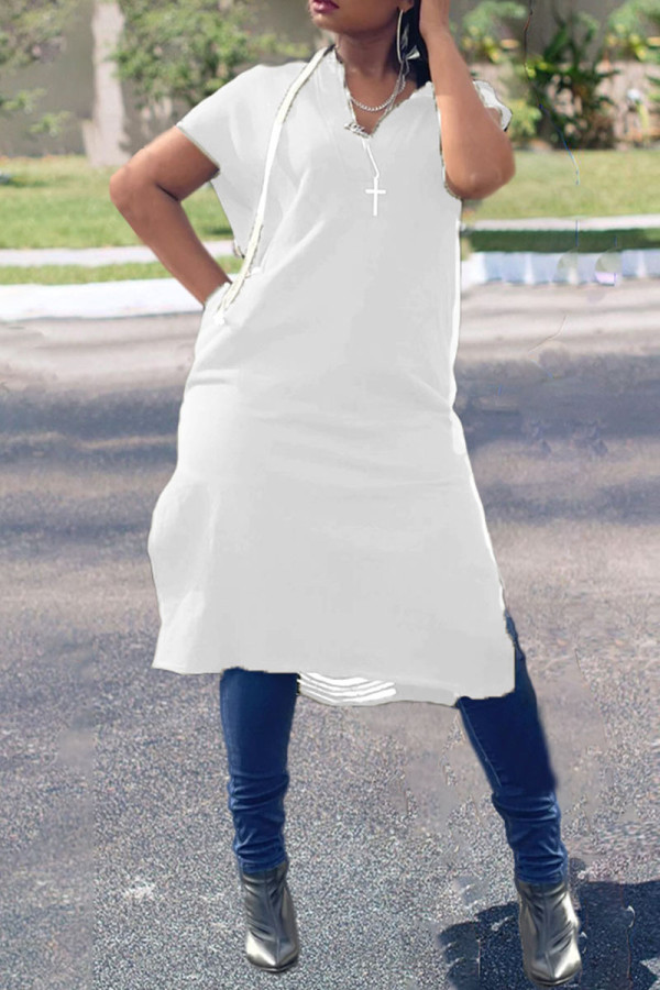 ホワイト ストリート プリント くり抜きパッチワーク バックレス フード付きカラー ドレス