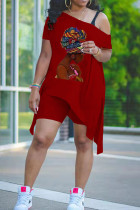 Бордовый модный повседневный принт с косым воротником и коротким рукавом из двух частей