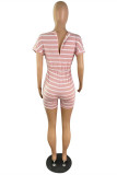 Pink Fashion Casual Striped Print Basic O Neck Regular Rompers