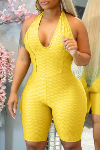 Yellow Sexy Solid Split Joint Backless Halter Regular Jumpsuits