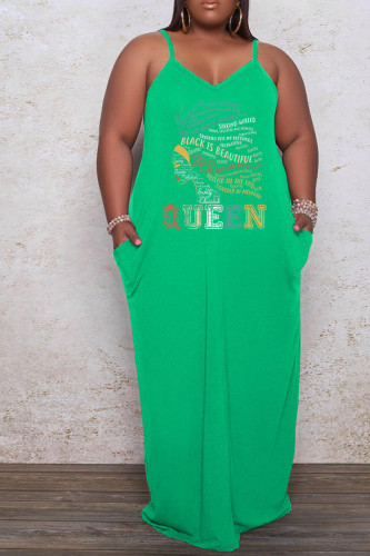Green Casual Print Patchwork Spaghetti Strap Sling Dress Plus Size Dresses