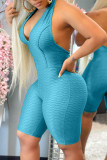 Cyan Sexy Solid Patchwork Backless Halter Regular Rompers