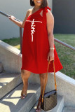 Rode casual print patchwork schuine kraag A-lijn jurken