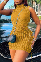 Amarillo sexy sólido vendaje ahuecado hacia fuera patchwork medio cuello alto lápiz falda vestidos