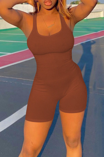 Coffee Casual Sportswear Solid Patchwork U Neck Regular Rompers