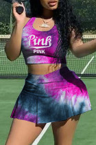 Фиолетовый Модная повседневная спортивная одежда Письмо с принтом Tie-dye U-образный вырез без рукавов Две части