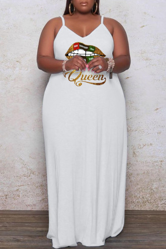 White Casual Print Split Joint Spaghetti Strap Sling Dress Plus Size Dresses