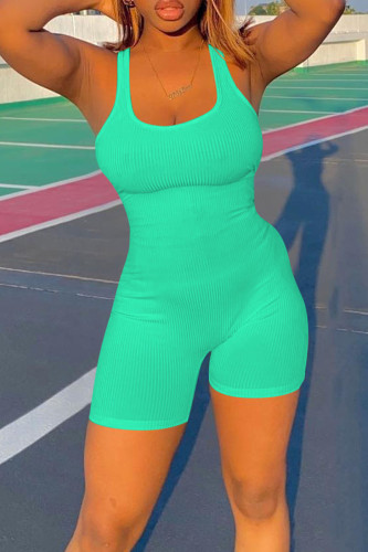 Cyan Casual Sportswear Solid Patchwork U Neck Regular Rompers