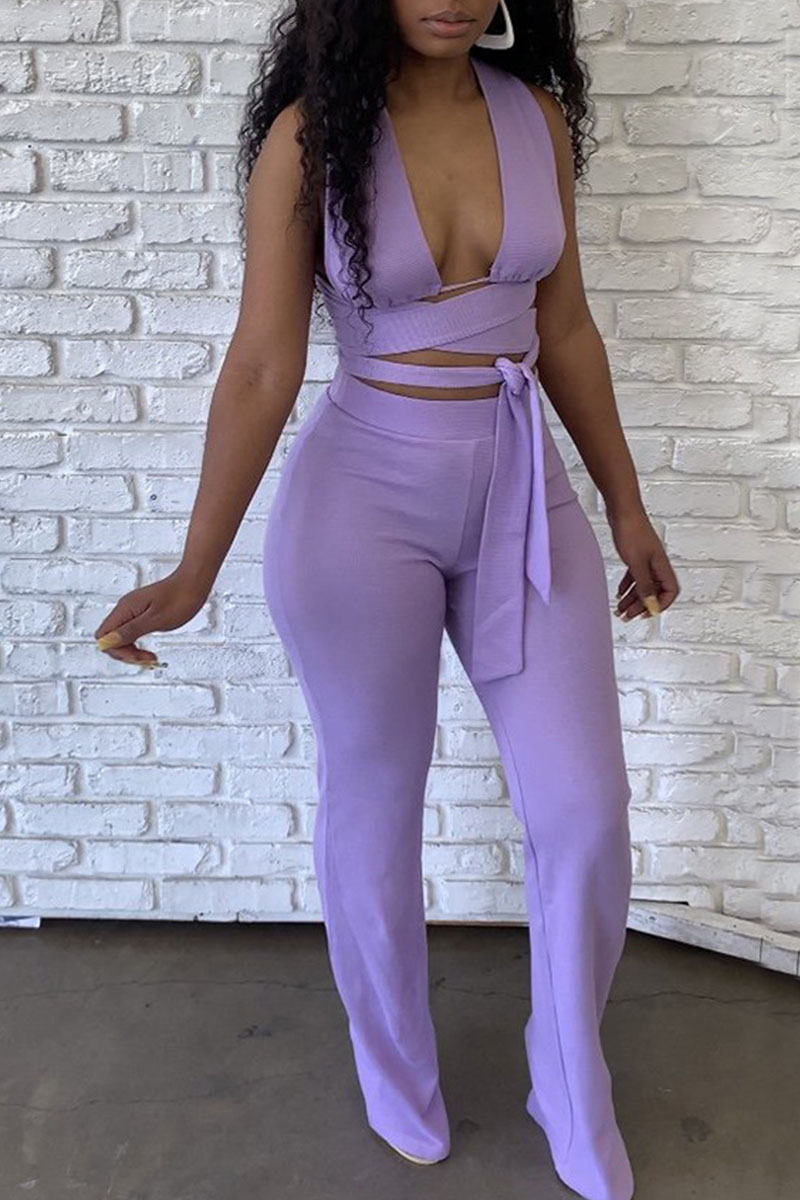 

Purple Sexy Solid Bandage Hollowed Out Split Joint Asymmetrical V Neck Sleeveless Two Pieces