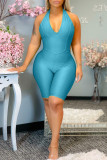 Cyan Sexy Solid Patchwork Backless Halter Regular Rompers