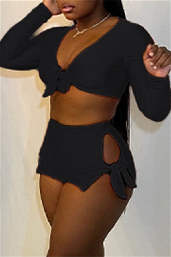 Schwarze Mode Sexy Solid Bandage Ausgehöhlter V-Ausschnitt Langarm Zwei Stücke