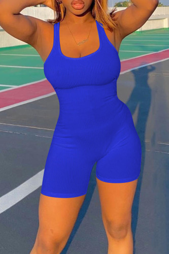 Deep Blue Casual Sportswear Solid Patchwork U Neck Regular Rompers