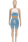 Baby Blue Street Solid Bandage Patchwork O Neck Sleeveless Two Pieces