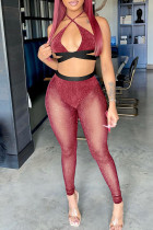 Burgundy Sexy Solid Patchwork See-through Backless Halter Sleeveless Two Pieces
