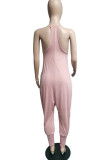 Pink Casual Solid Patchwork O Neck Jumpsuits