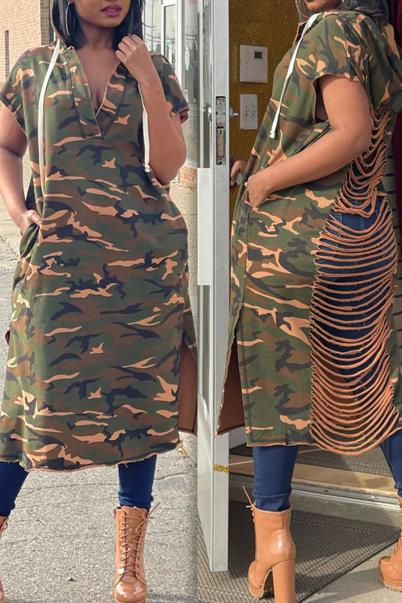 

Camouflage Street Print Hollowed Out Split Joint Backless Hooded Collar Dresses