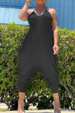 Schwarze, lässige, solide Patchwork-Jumpsuits mit O-Ausschnitt