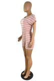 Pink Fashion Casual Striped Print Basic O Neck Regular Rompers