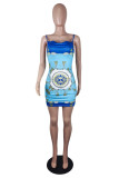Blue Fashion Sexy Print Backless Spaghetti Strap Sleeveless Dress