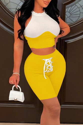 Yellow Street Solid Bandage Patchwork O Neck Sleeveless Two Pieces