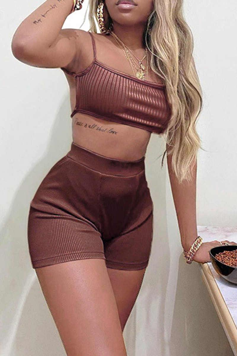 

Brown Sexy Casual Print Backless Spaghetti Strap Sleeveless Two Pieces