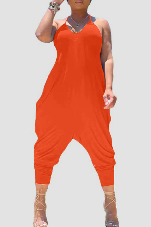 Orangefarbene, lässige, solide Patchwork-Jumpsuits mit O-Ausschnitt
