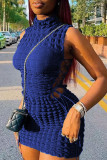 Azul sexy sólido vendaje ahuecado hacia fuera patchwork medio cuello alto lápiz falda vestidos