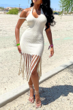 White Fashion Solid Tassel Halter Pencil Skirt Dresses