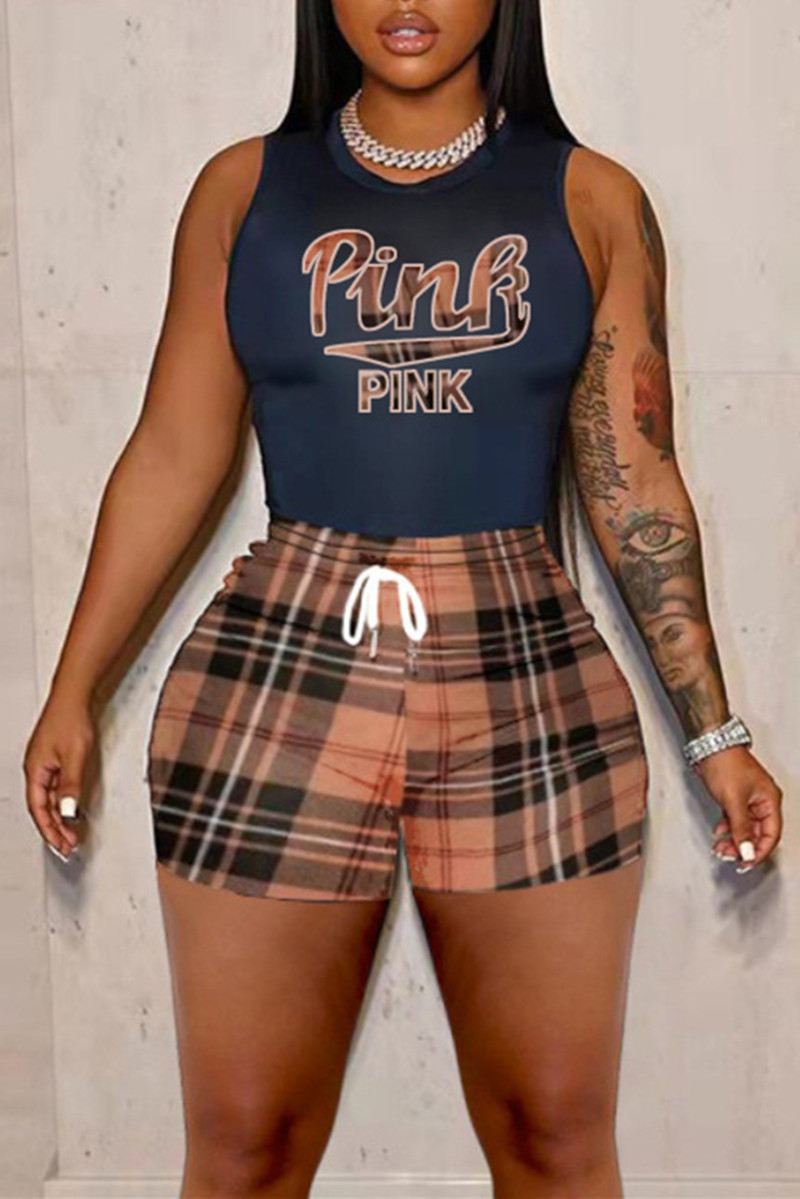 

Multicolor Fashion Casual Letter Print Basic O Neck Plus Size Two Pieces