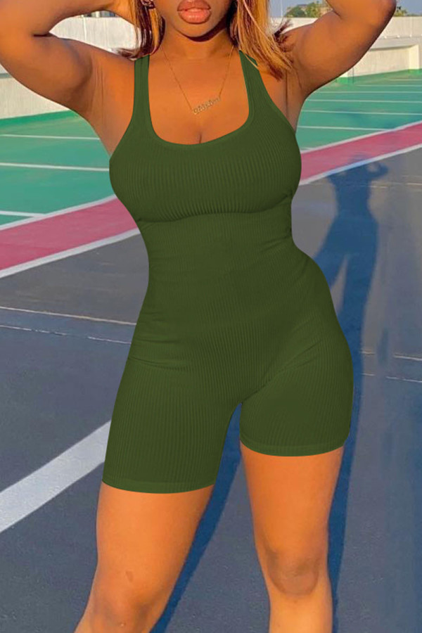 Армейско-зеленый повседневная спортивная одежда Однотонные лоскутные комбинезоны с круглым вырезом и U-образным вырезом