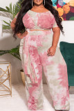 Pink Casual Print Patchwork O Neck Plus Size Two Pieces
