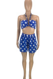 Blue Sexy Print Polka Dot Patchwork Halter Sleeveless Two Pieces