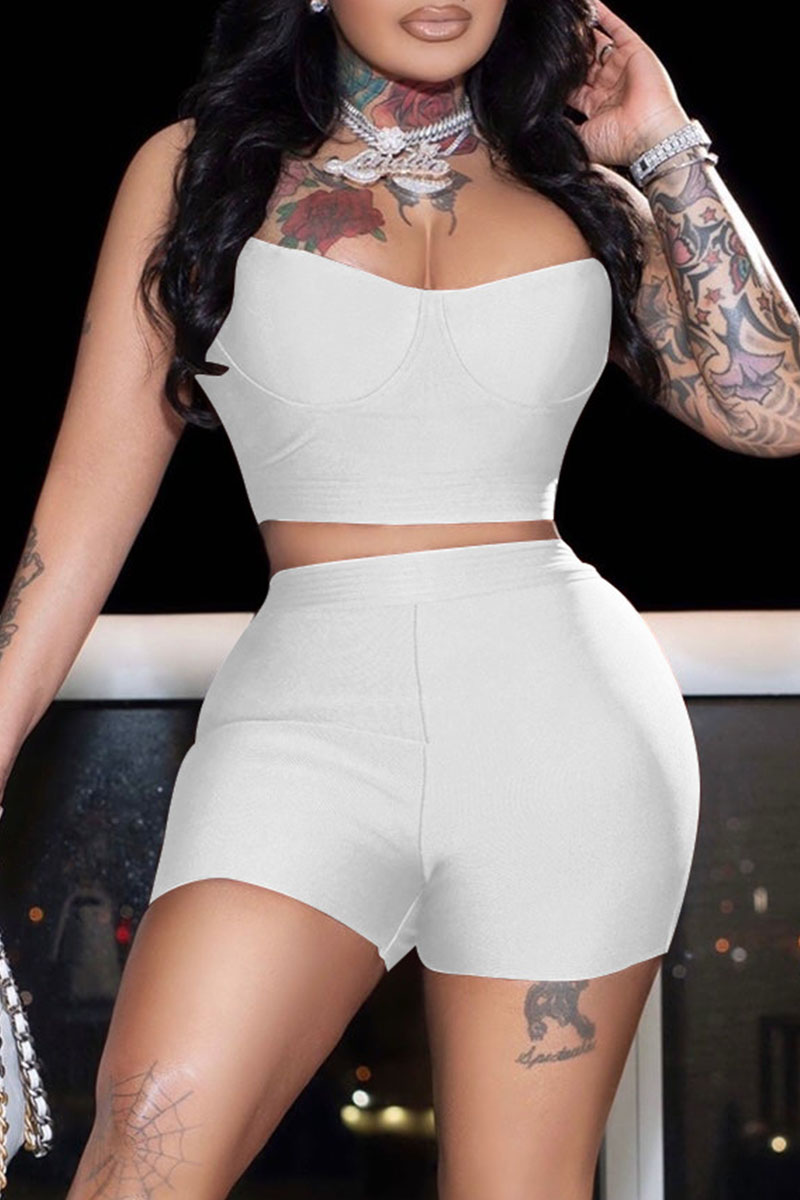

White Sexy Solid Split Joint Spaghetti Strap Two Pieces