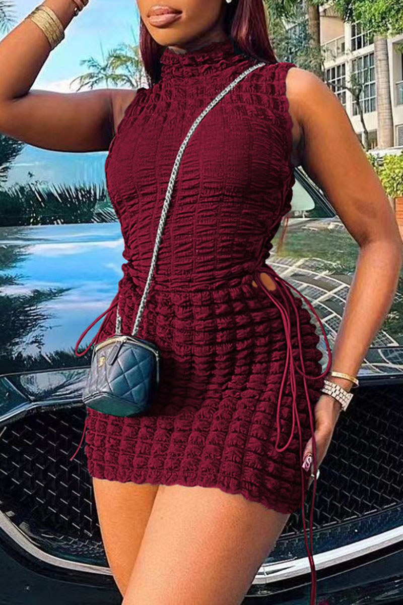 

Burgundy Sexy Solid Bandage Hollowed Out Split Joint Half A Turtleneck Pencil Skirt Dresses